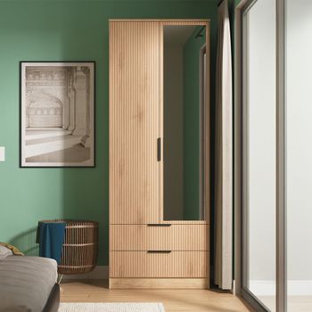 Java Fluted Effect Natural and Nebraska 2 Door Tall Combi 1 Mirror Wardrobe
