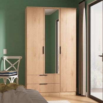 Java Fluted Effect Natural and Nebraska 3 Door Tall Triple Combi 1 Mirror Wardrobe