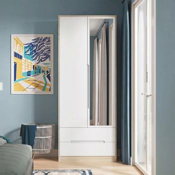 Monaco White Matt and Oak 2 Door 1 Mirror Combi Tall Wardrobe