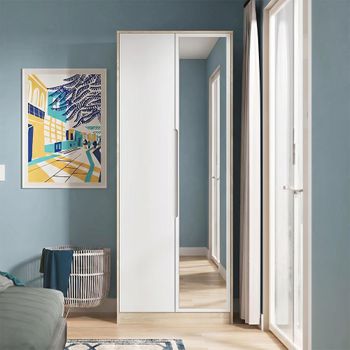 Monaco White Matt and Oak 2 Door 1 Mirror Tall Wardrobe