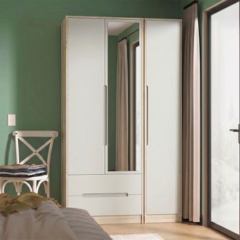Monaco Cashmere and Oak 3 Door 1 Mirror LHF 2 Drawer Combi Tall Wardrobe