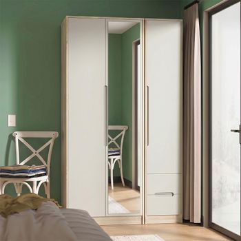 Monaco Cashmere and Oak 3 Door 1 Mirror RHF 2 Drawer Combi Tall Wardrobe