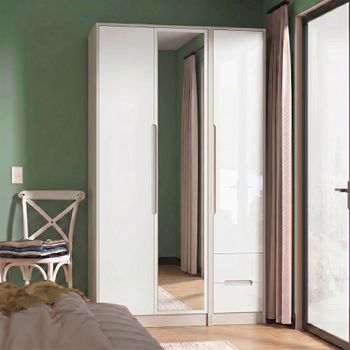 Monaco White Gloss and Cashmere 3 Door 1 Mirror RHF 2 Drawer Combi Tall Wardrobe