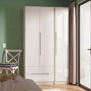 Monaco White Gloss and Cashmere 3 Door LHF 2 Drawer Tall Triple Wardrobe