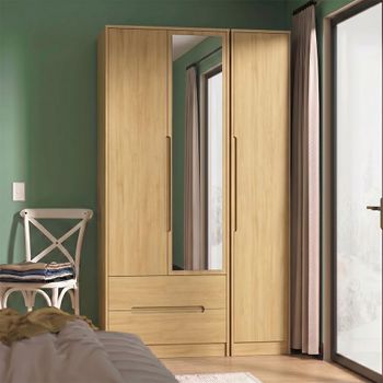 Monaco Modern Oak 3 Door 1 Mirror LHF 2 Drawer Combi Tall Wardrobe
