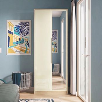 Monaco Cream Gloss and Light Oak 2 Door 1 Mirror Tall Wardrobe