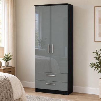 Knightsbridge Grey Gloss and Black 2 Door 2 Drawer Tall Wardrobe