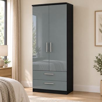 Knightsbridge Grey Gloss and Black 2 Door 2 Drawer Wardrobe