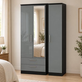 Knightsbridge Grey Gloss and Black 3 Door 1 Mirror LHF 2 Drawer Combi Tall Wardrobe
