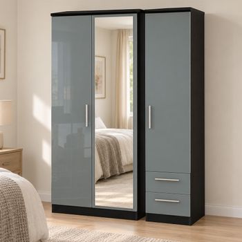 Knightsbridge Grey Gloss and Black 3 Door 1 Mirror RHF 2 Drawer Combi Wardrobe
