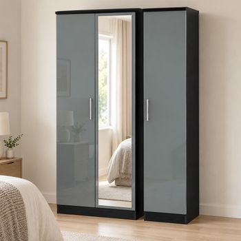 Knightsbridge Grey Gloss and Black 3 Door 1 Mirror Triple Tall Wardrobe