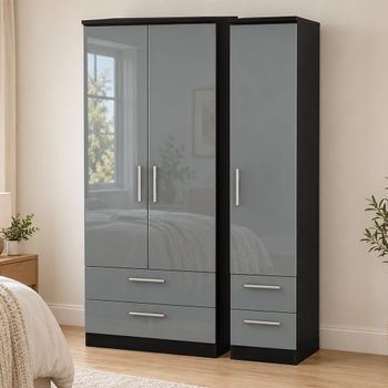 Knightsbridge Grey Gloss and Black 3 Door 4 Drawer Triple Wardrobe