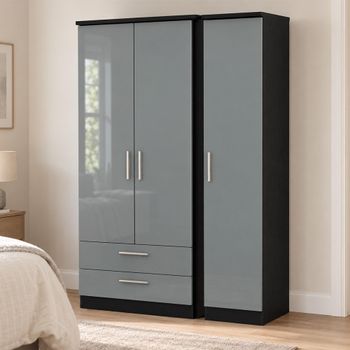 Knightsbridge Grey Gloss and Black 3 Door LHF 2 Drawer Triple Tall Wardrobe