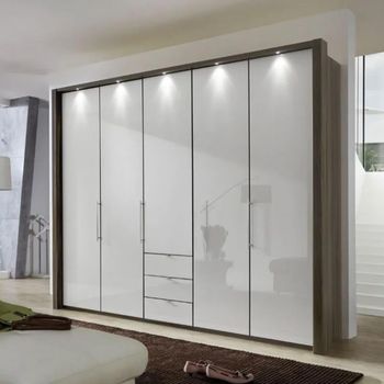 Loft Grey Glass and Oak Carcase 5 Door Bi Fold 3 Drawer Wardrobe