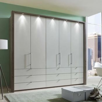 Loft Grey Glass and Oak Carcase 5 Door Bi Fold 9 Drawer Wardrobe