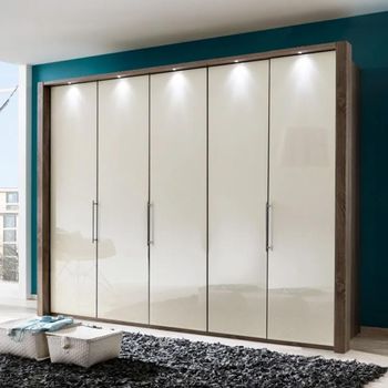 Loft Magnolia Glass and Oak Carcase 5 Door Bi Fold Wardrobe