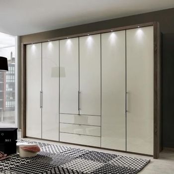 Loft Magnolia Glass and Oak Carcase 6 Door Bi Fold 3 Drawer Wardrobe