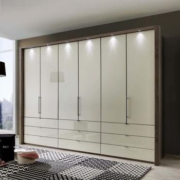 Loft Magnolia Glass and Oak Carcase 6 Door Bi Fold 9 Drawer Wardrobe