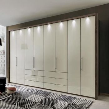 Loft Magnolia Glass and Oak Carcase 8 Door Bi Fold 6 Centre Drawers Wardrobe