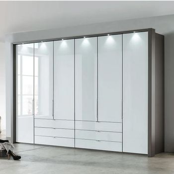 Loft White Glass and Oak Carcase 6 Door Bi Fold 6 Drawer Wardrobe