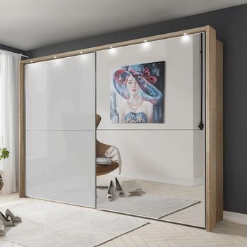 Berlin White Glass and Oak Carcase 2 Door Mirror Sliding Wardrobe
