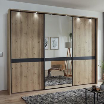 Rialto Oak and Slate Trim 3 Door Mirror Sliding Wardrobe