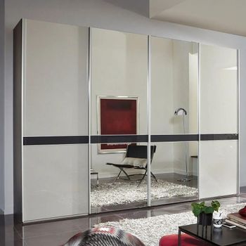 Rialto White Glass and Graphite Trim 300cm 4 Door Mirror Sliding Wardrobe