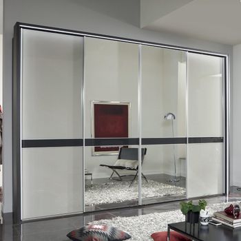 Rialto White Glass and Graphite Trim 330cm 4 Door Mirror Sliding Wardrobe