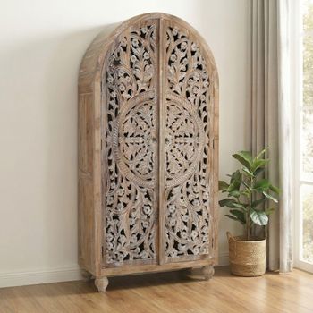 Aura Distressed White Washed Hand Carved Floral 2 Door Arched Wardrobe