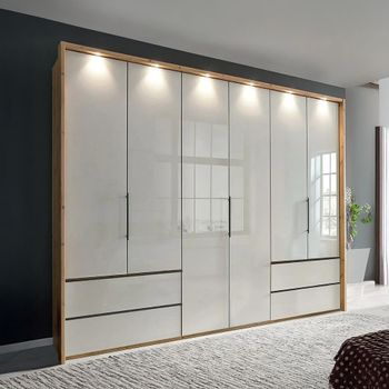 Asmara Grey Glass and Oak Carcase 6 Door 4 Drawer Wardrobe