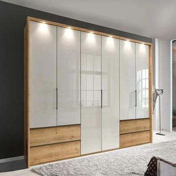 Asmara Oak and Grey Glass 6 Door 4 Drawer Wardrobe