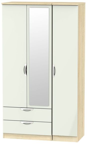 Camden Cashmere and Oak 3 Door Tall Combi 1 Mirror LHF 2 Drawer Wardrobe