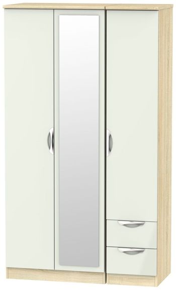 Camden Cashmere and Oak 3 Door Tall Combi 1 Mirror RHF 2 Drawer Wardrobe