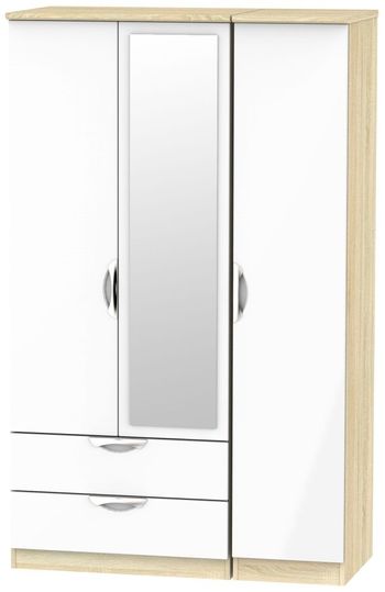 Camden White Gloss and Oak 3 Door Combi with 1 Mirror RHF 2 Drawer Wardrobe