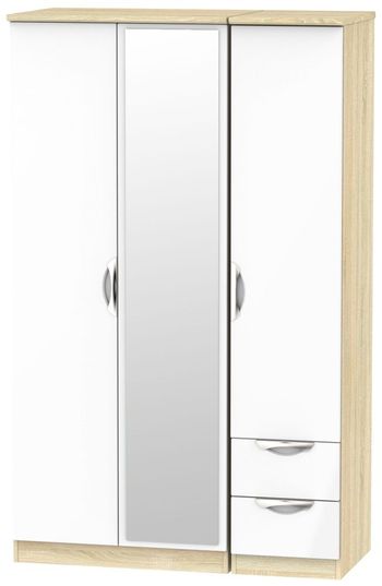 Camden White Gloss and Oak 3 Door LHF 2 Drawer Triple Wardrobe