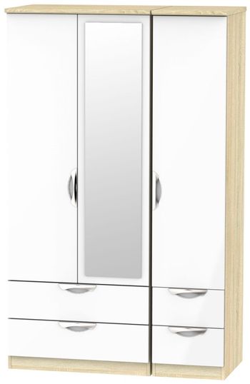 Camden White Gloss and Oak 3 Door 4 Drawer Triple Wardrobe