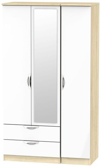 Camden White Gloss and Oak 3 Door Tall Combi with 1 Mirror RHF 2 Drawer Wardrobe