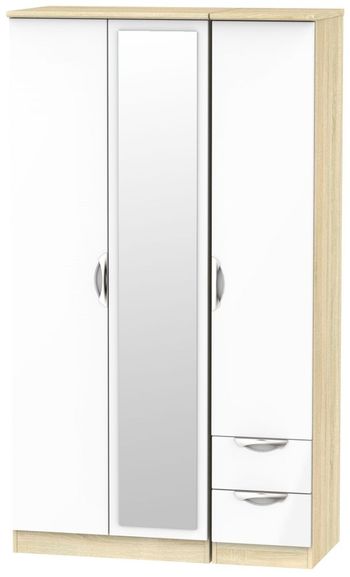 Camden White Gloss and Oak 3 Door LHF 2 Drawer Tall Triple Wardrobe