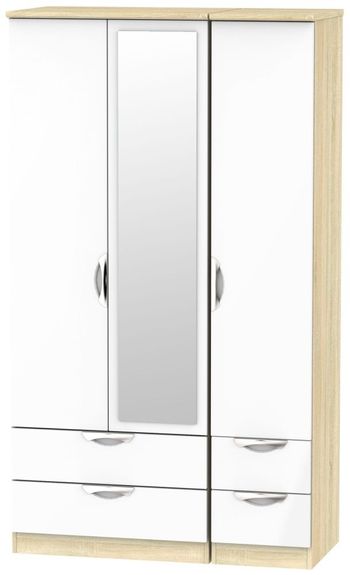 Camden White Gloss and Oak 3 Door 4 Drawer Tall Triple Wardrobe