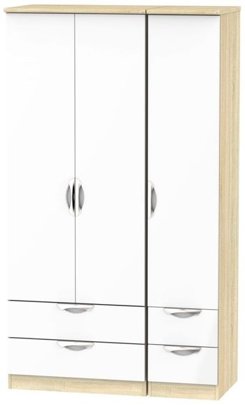 Camden White Gloss and Oak 3 Door Tall Combi with 1 Mirror LHF 2 Drawer Wardrobe