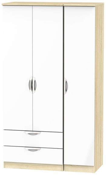 Camden White Gloss and Oak 3 Door RHF 2 Drawer Tall Triple Wardrobe
