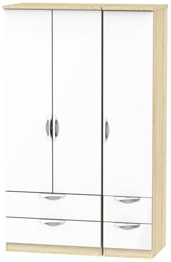 Camden White Gloss and Oak 3 Door Combi with 1 Mirror LHF 2 Drawer Wardrobe