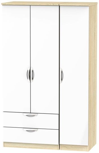 Camden White Gloss and Oak 3 Door RHF 2 Drawer Triple Wardrobe