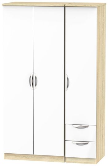 Camden White Gloss and Oak 3 Door Triple with 1 Mirror Wardrobe