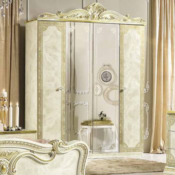 Leonardo Italian Ivory Gloss and Gold 4 Door Wardrobe with Mirrors