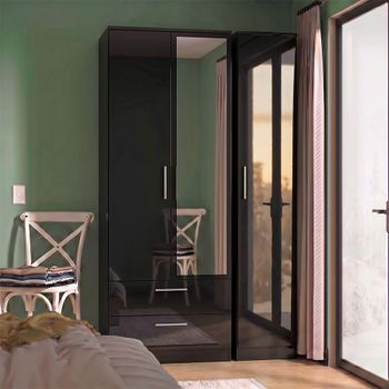 Clearance - Knightsbridge Combi Black Gloss 3 Door 2 Drawer Wardrobe - P3