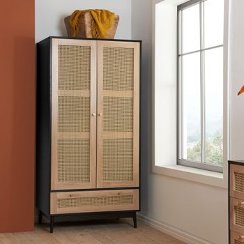 Croxley Black and Rattan 2 Door 1 Drawer Wardrobe