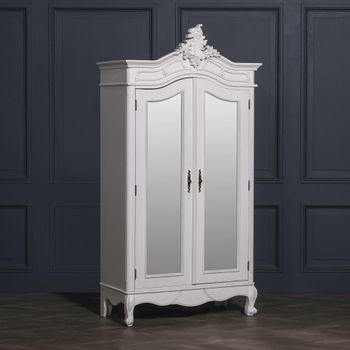 French Style Armoire Off White Carved 2 Door Mirror Wardrobe