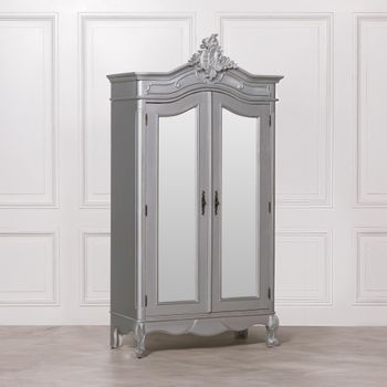 French Style Armoire Silver Carved 2 Door Mirror Wardrobe