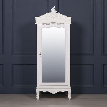 French Style Armoire White Carved 1 Door Mirror Wardrobe